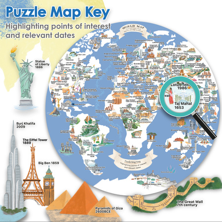 Bopster, okrągłe ilustowane puzzle 1000 el Mapa Świata 4 w 1 ludność/zwierzęta/zabytki/daty